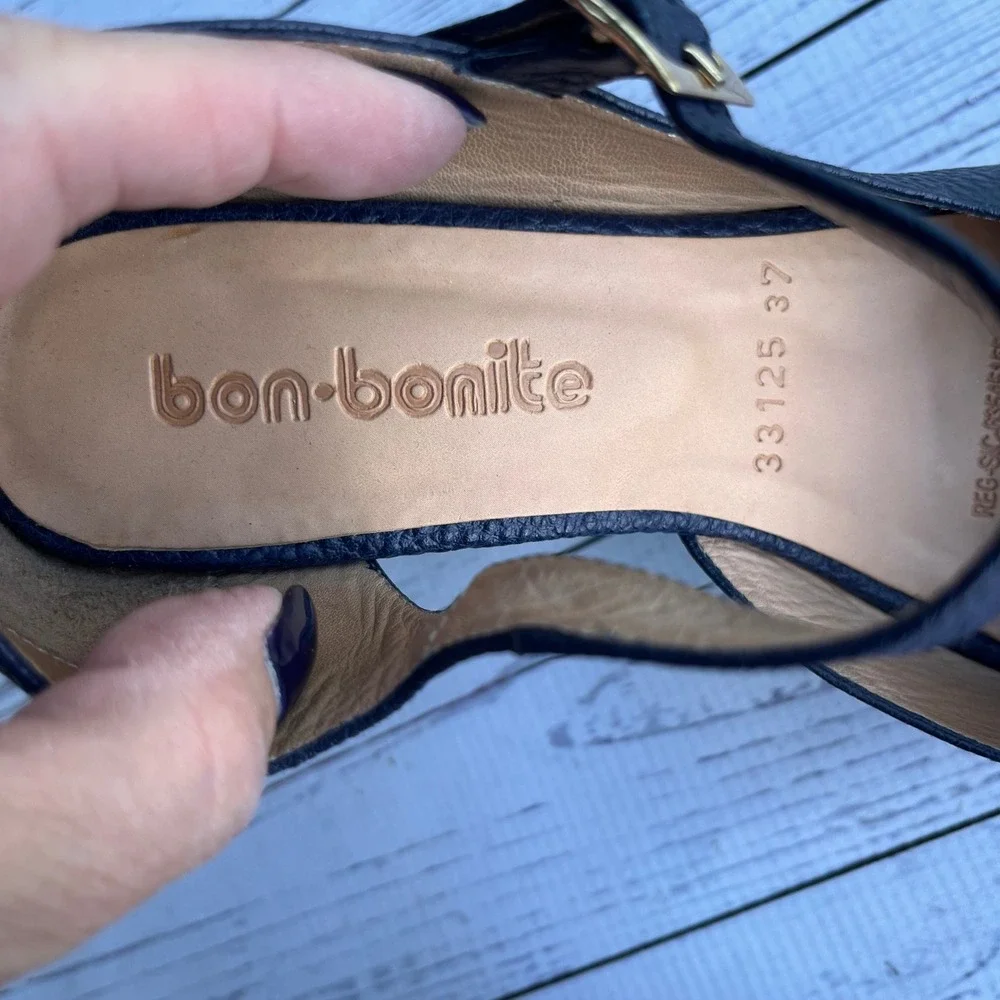 Bon-Bonite Navy Pebbled Leather Platform Mary Jane Peep Toe Heels Size 37